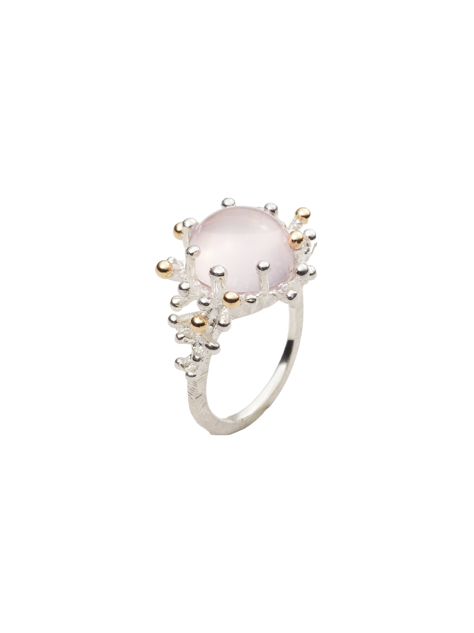 Sea anemone ring in silver and 18k yellow gold with rose quartz